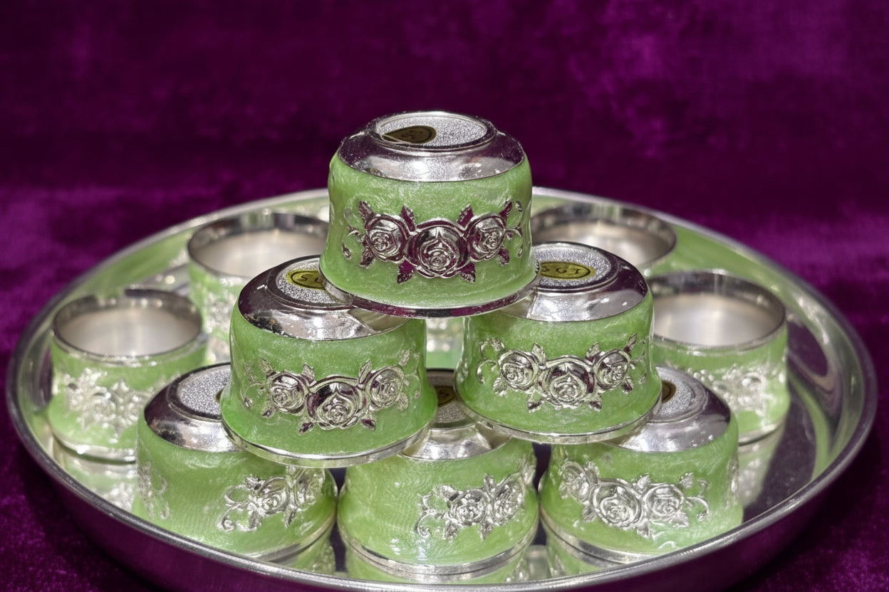 German Silver Plate with 10 Meenakari Work Bowls