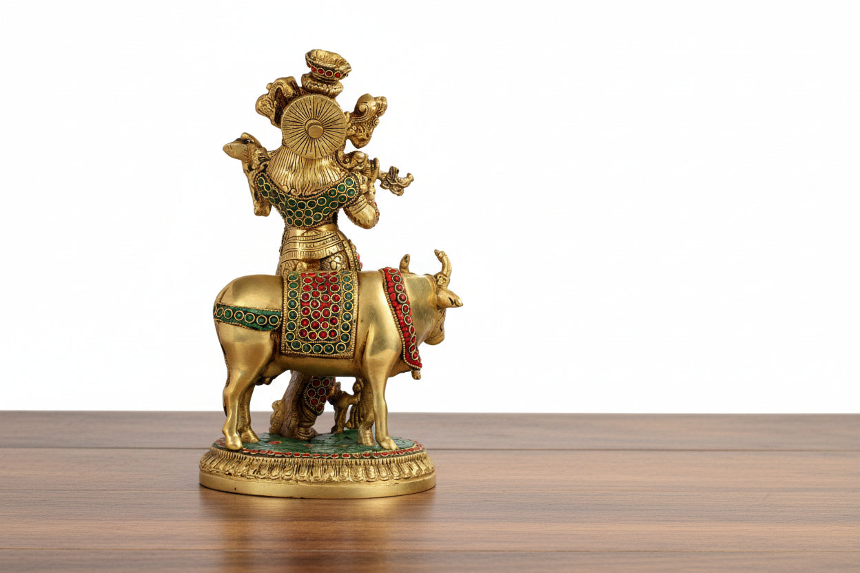 Brass Cow Krishna Statue with Stone Work – 10" Big Size