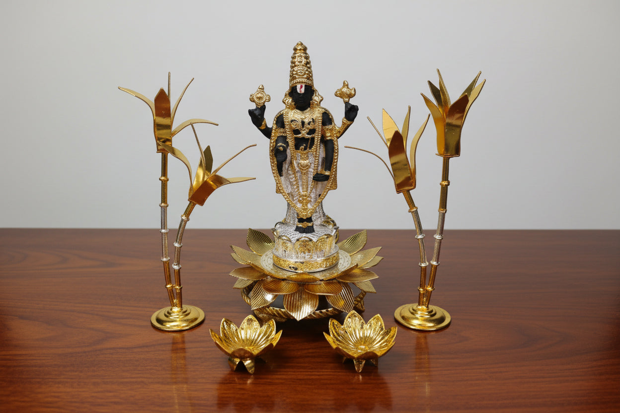 german silver golden pooja set set with balaji idol for housewarming pooja