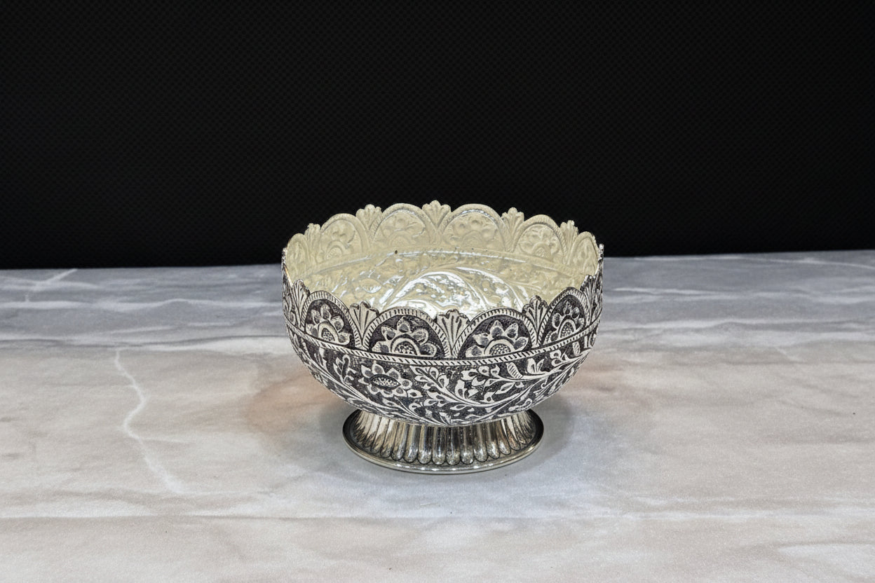 German Silver antique finish fully carved Big Bowl with stand  – Elegant Serving Bowl for Fruits, Snacks, Prasadam, Pooja & Gifting
