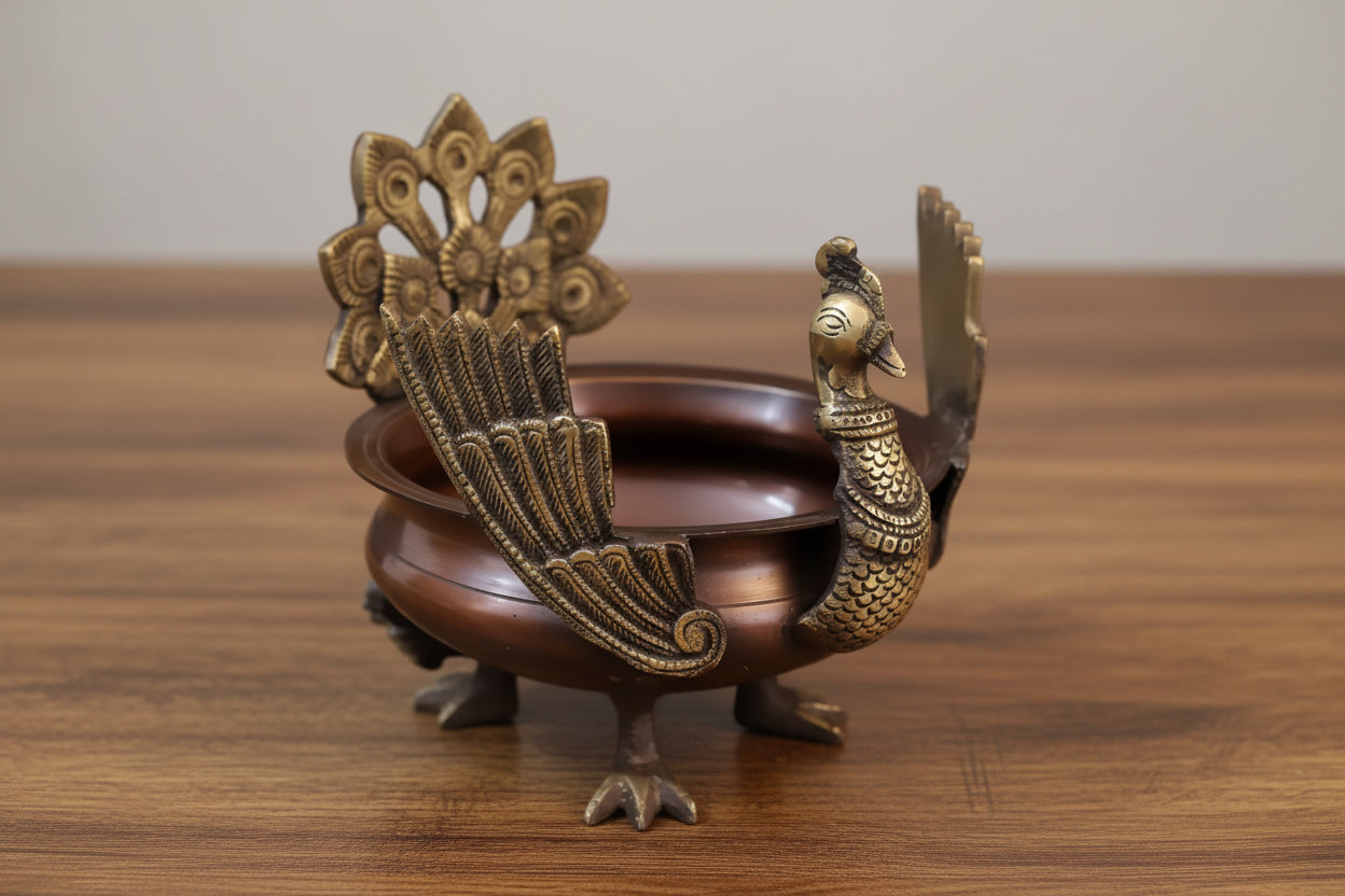 Brass Peacock Urli Bowl – Brown Finish Decorative Urli for Home Décor, Pooja & Gifting