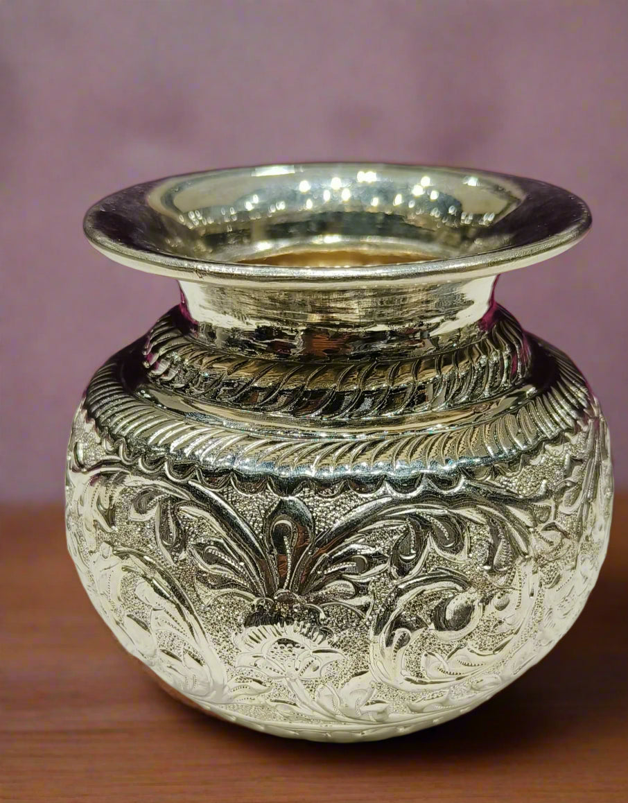 silver plated nakashi work kalash for housewarming pooja/ diwali