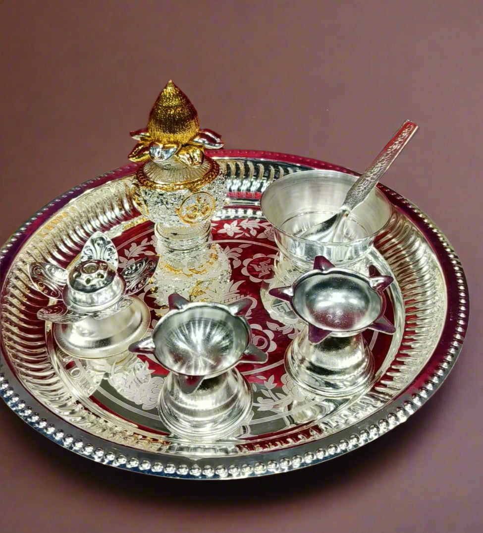 silver plated pooja thali set of 7 pieces for housewarming pooja/ diwali