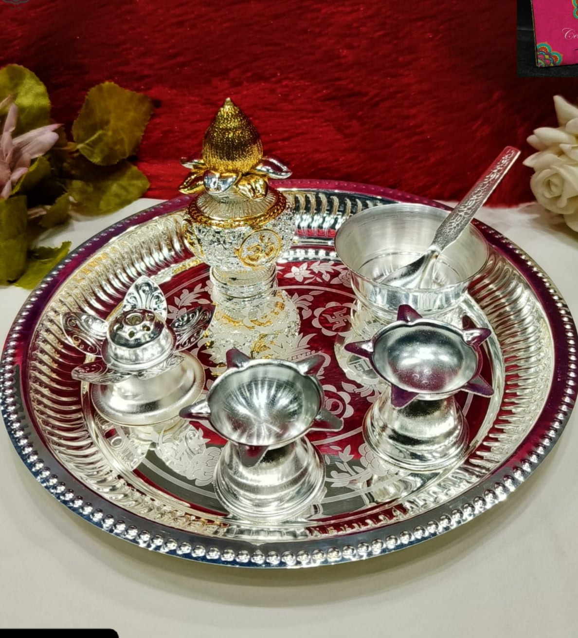 silver plated pooja thali set of 7 pieces for housewarming pooja/ diwali