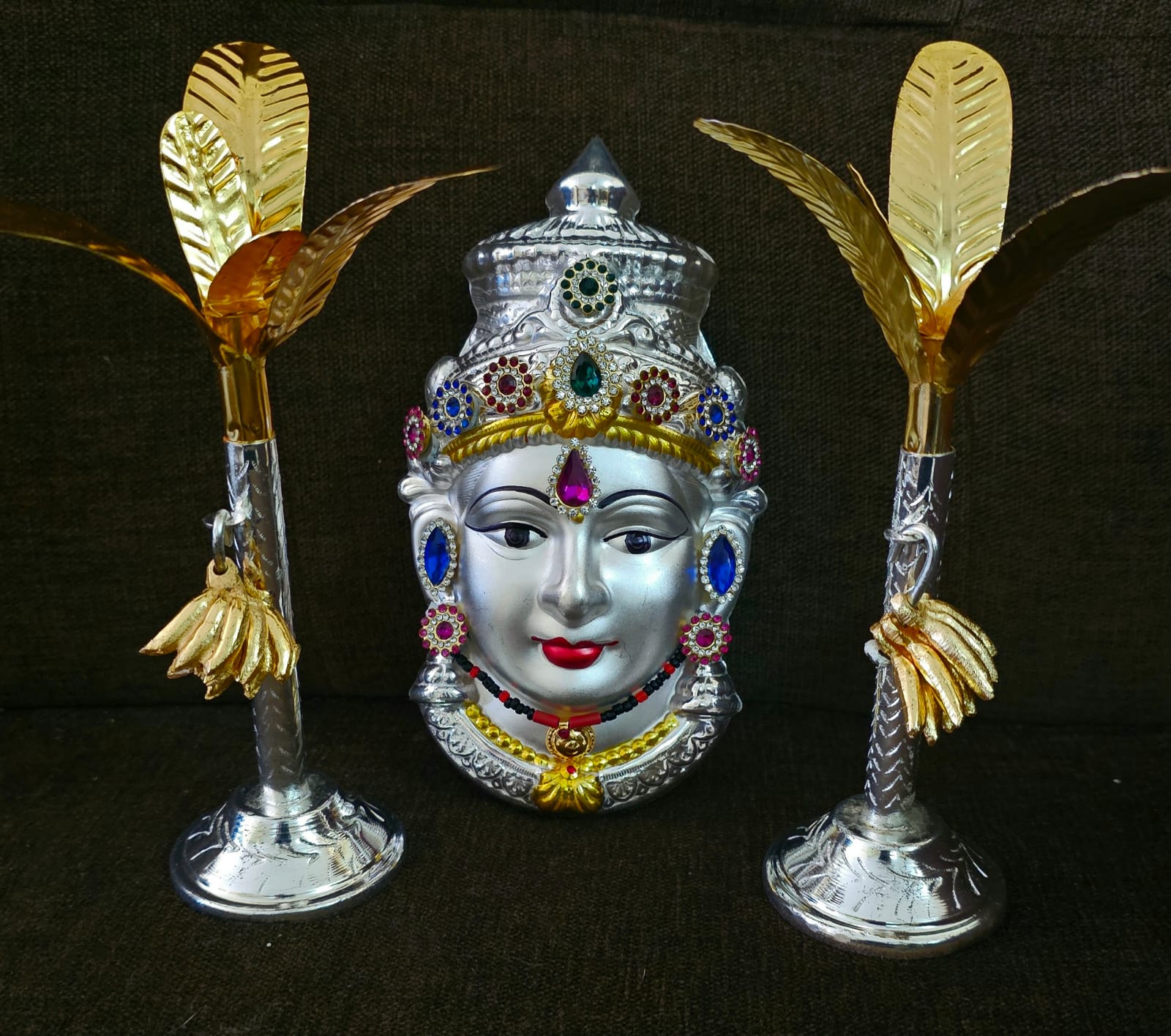 german silver pooja set lakshmi face with banana tree