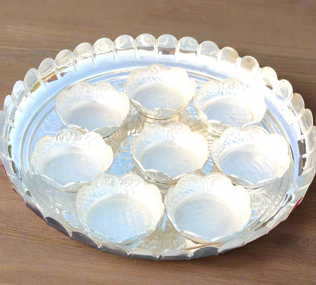 german silver flower plate with flower bowl set for pooja/ snacks/ fruits/ gift item