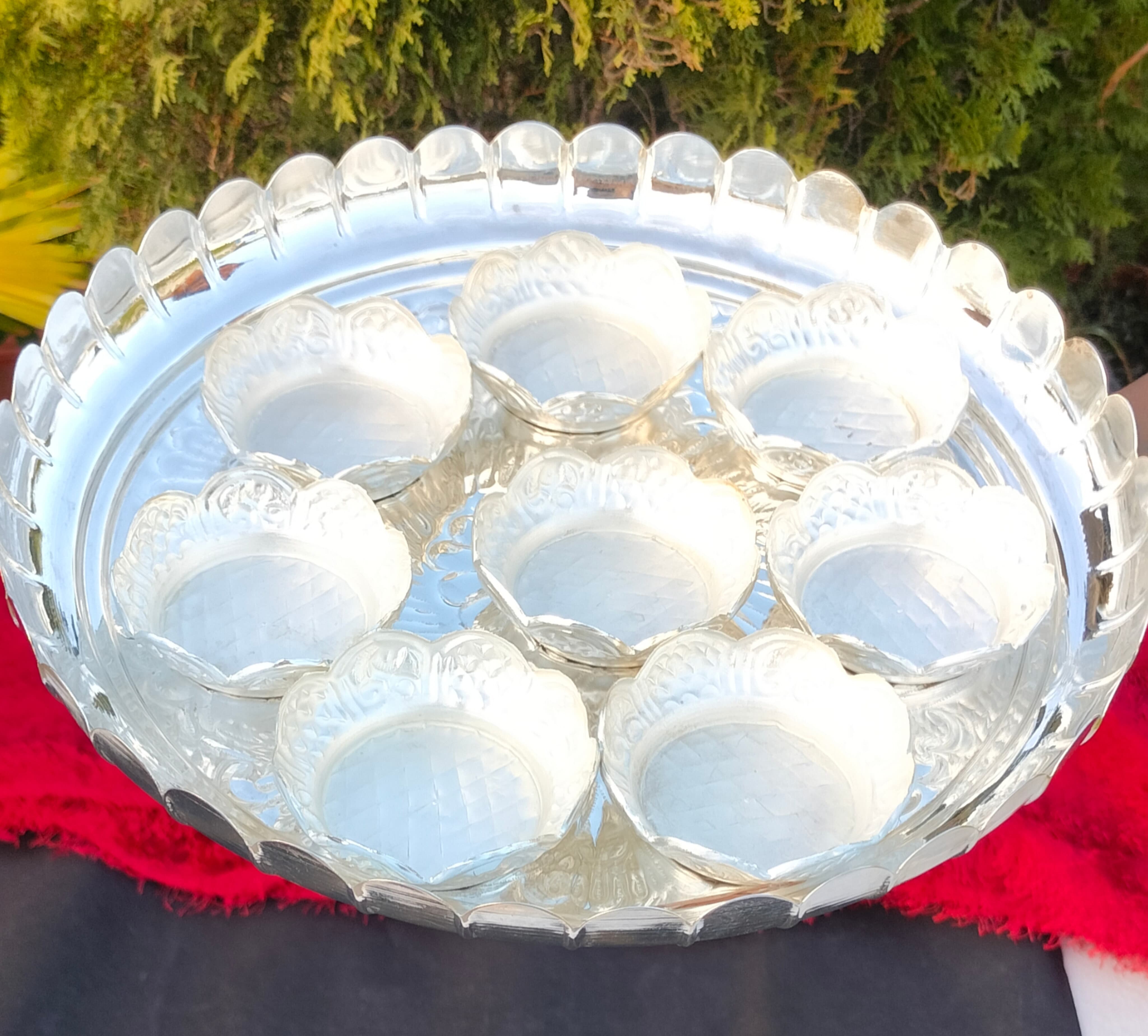 german silver flower plate with flower bowl set for pooja/ snacks/ fruits/ gift item