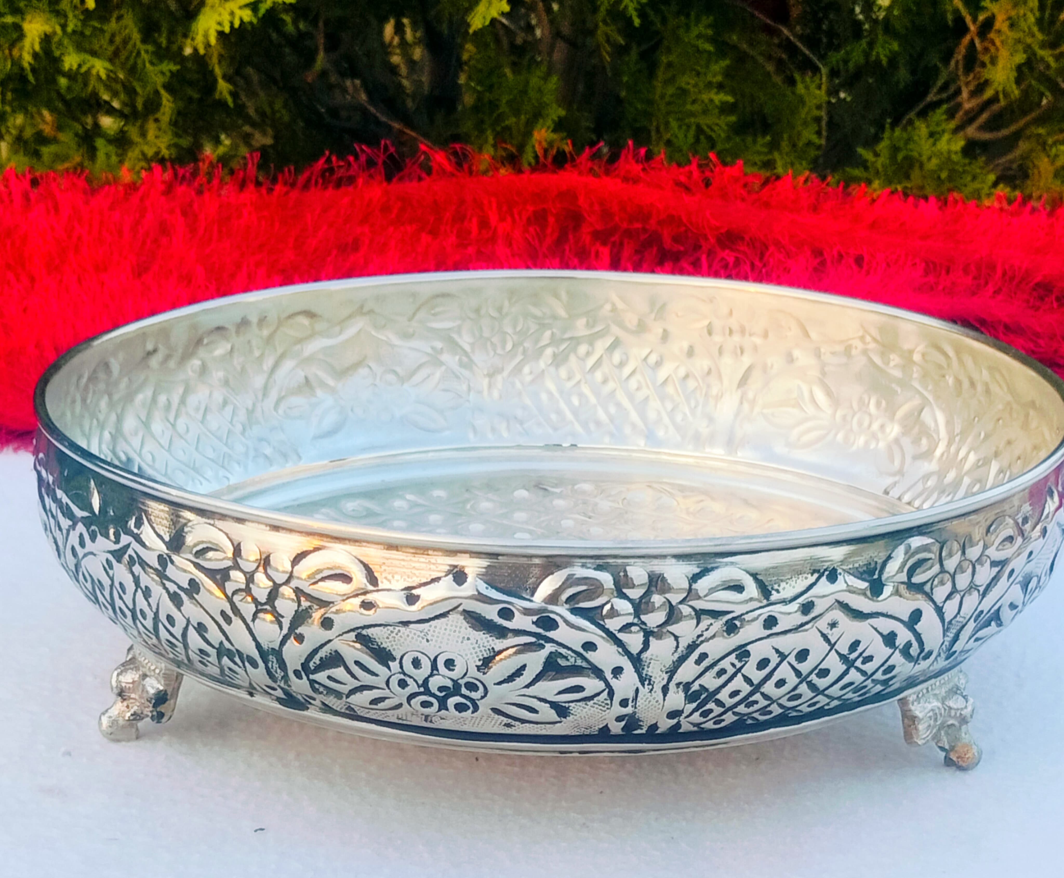 Antique German silver flower carving urli bowl/ tray for serving/ home décor