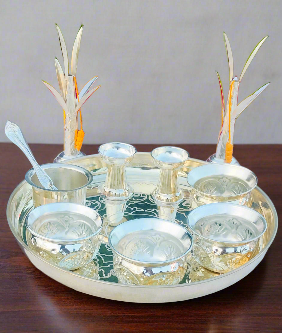 german silver pooja thali set of 11 pieces for housewarming/ diwali