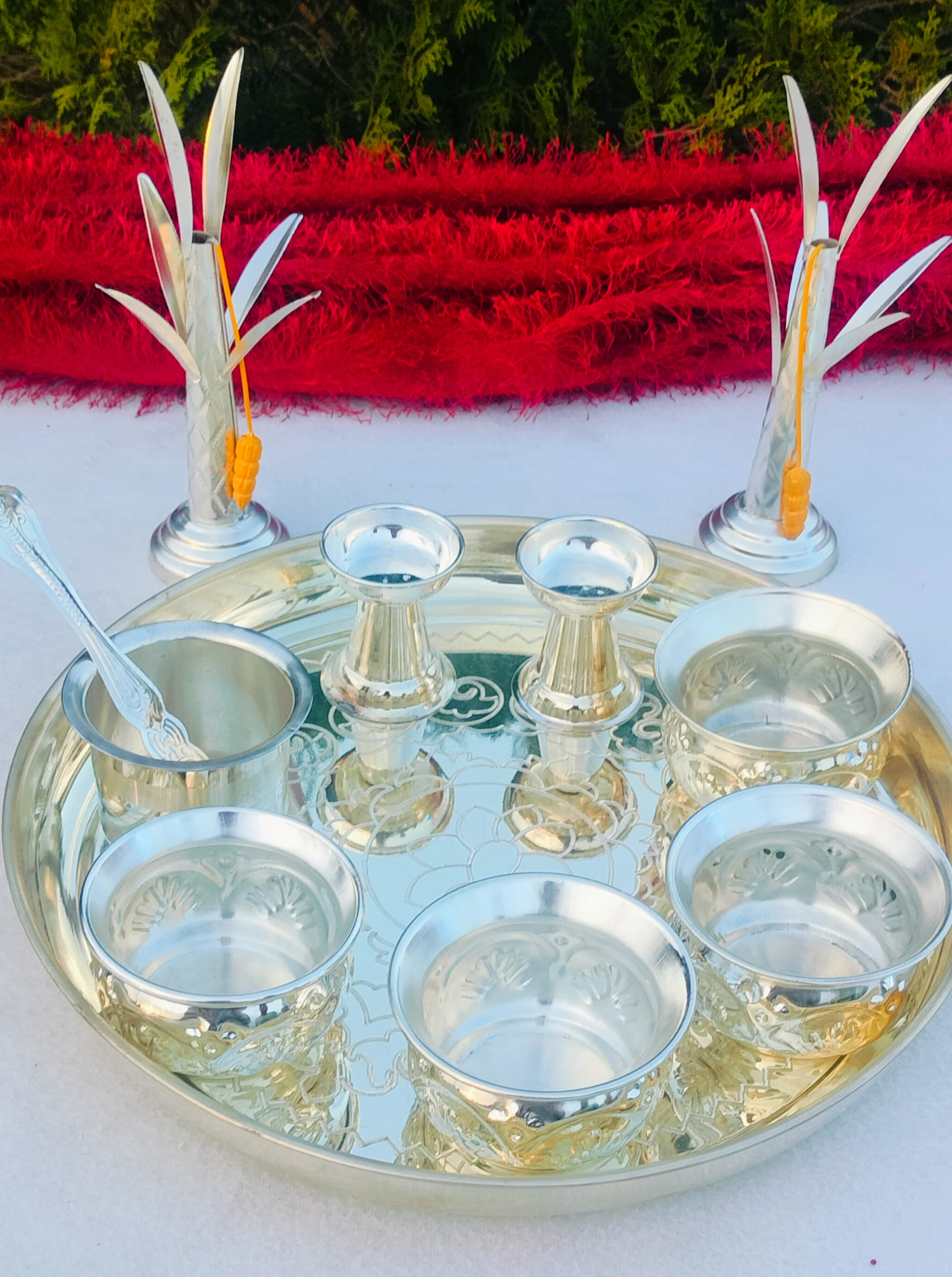 german silver pooja thali set of 11 pieces for housewarming/ diwali