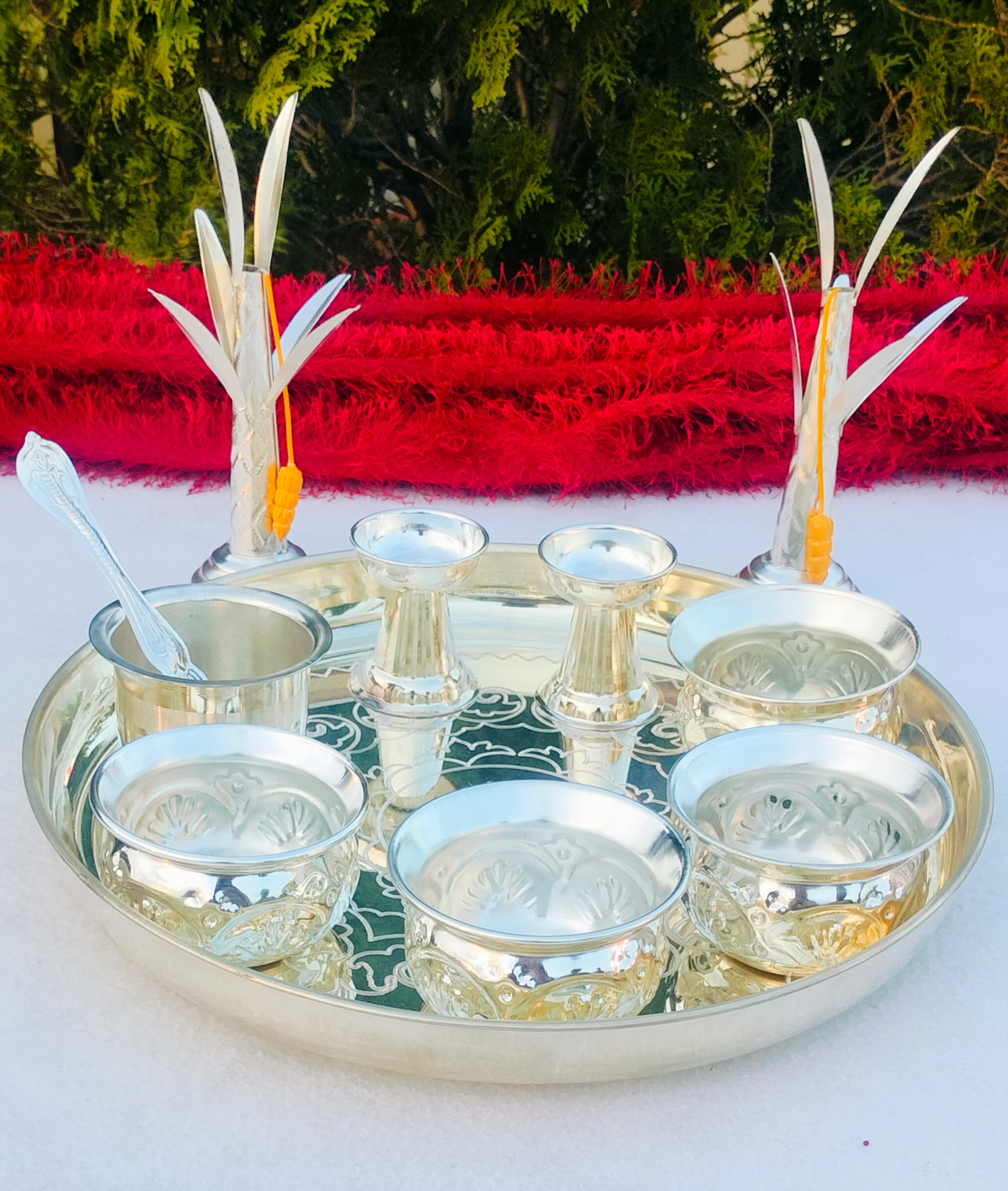german silver pooja thali set of 11 pieces for housewarming/ diwali
