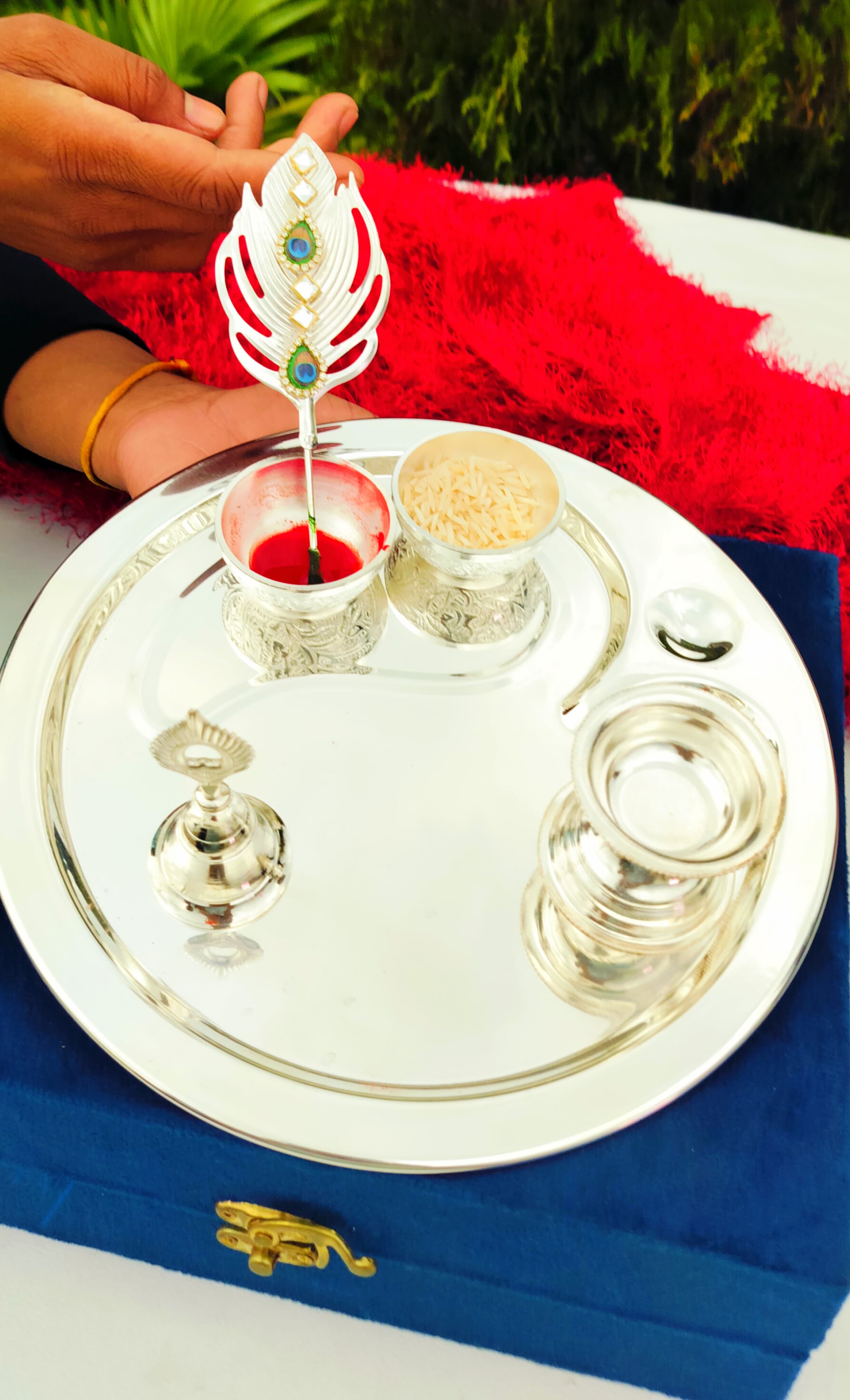 German silver Om design Tilak Thali set for rakhi festival/ housewarming/ diwali