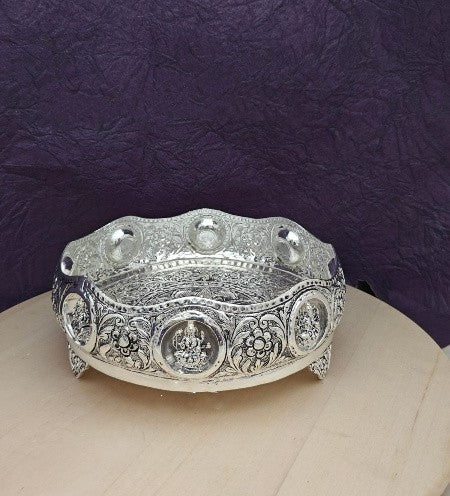 german silver antique finish ashtalakshmi urli tray for pooja/ home décor/ gift item, 8"