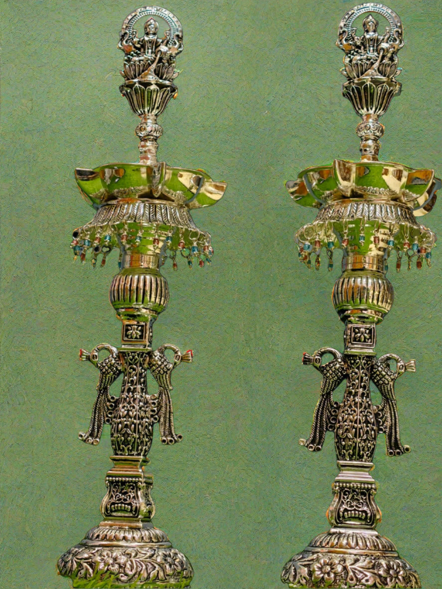 Pure Silver Plated Gaja Lakshmi Diya – Peacock Design