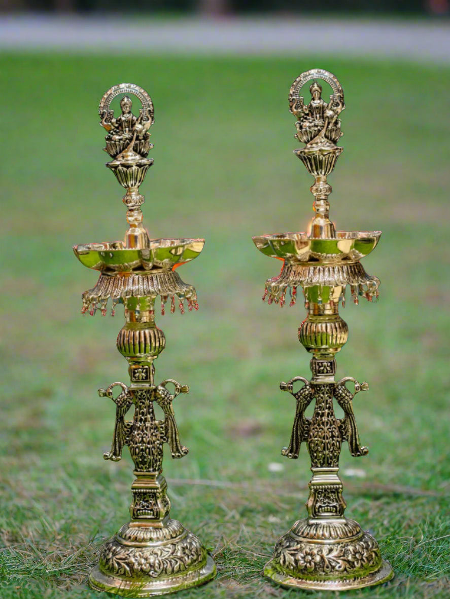 Pure Silver Plated Gaja Lakshmi Diya – Peacock Design