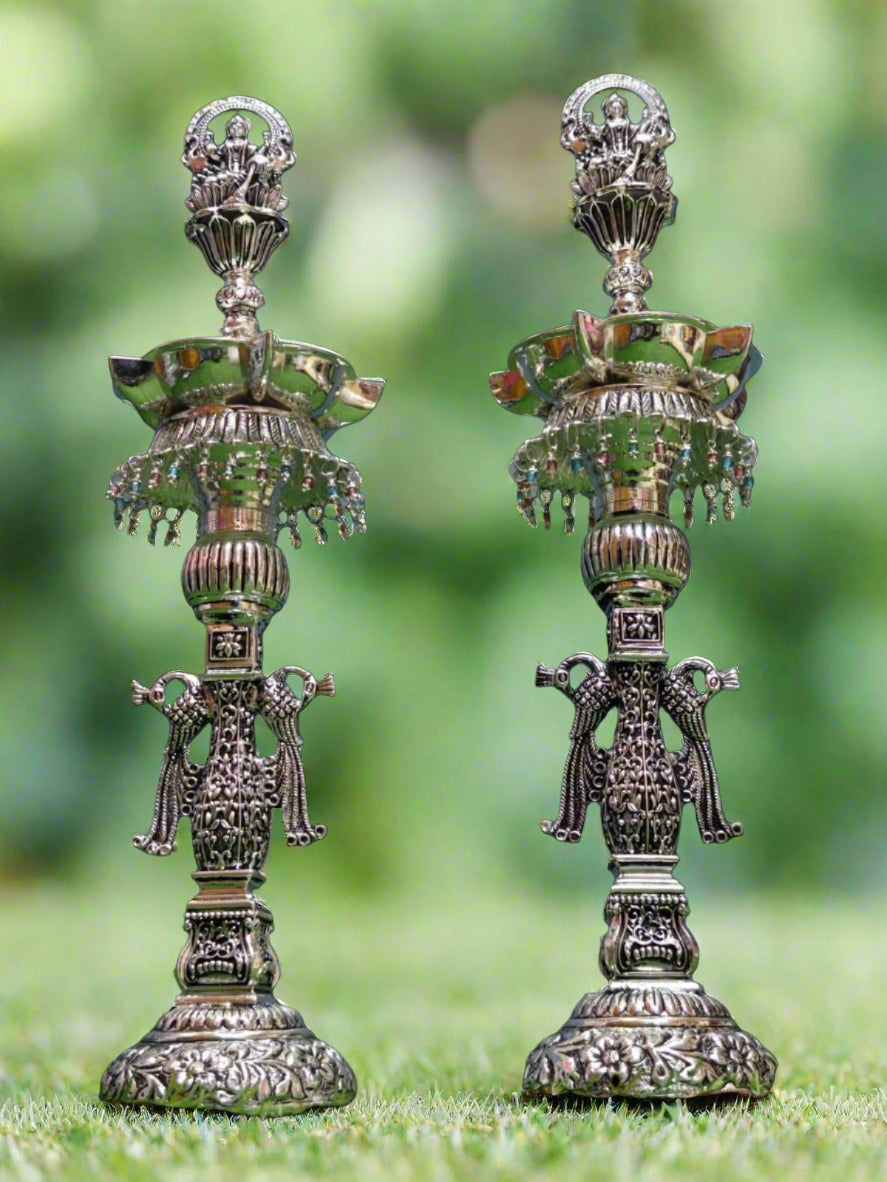 Pure Silver Plated Gaja Lakshmi Diya – Peacock Design