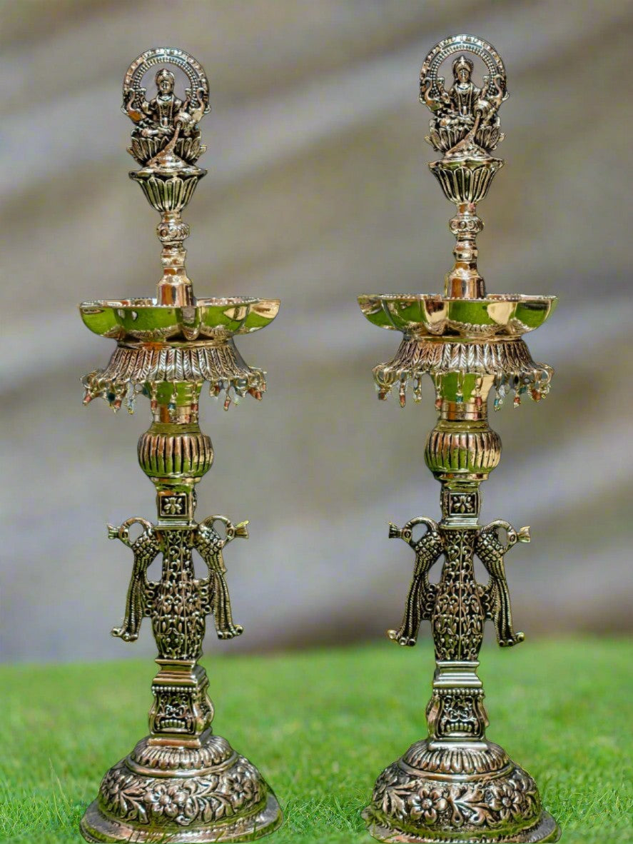 Pure Silver Plated Gaja Lakshmi Diya – Peacock Design