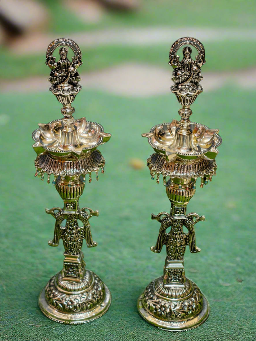 Pure Silver Plated Gaja Lakshmi Diya – Peacock Design