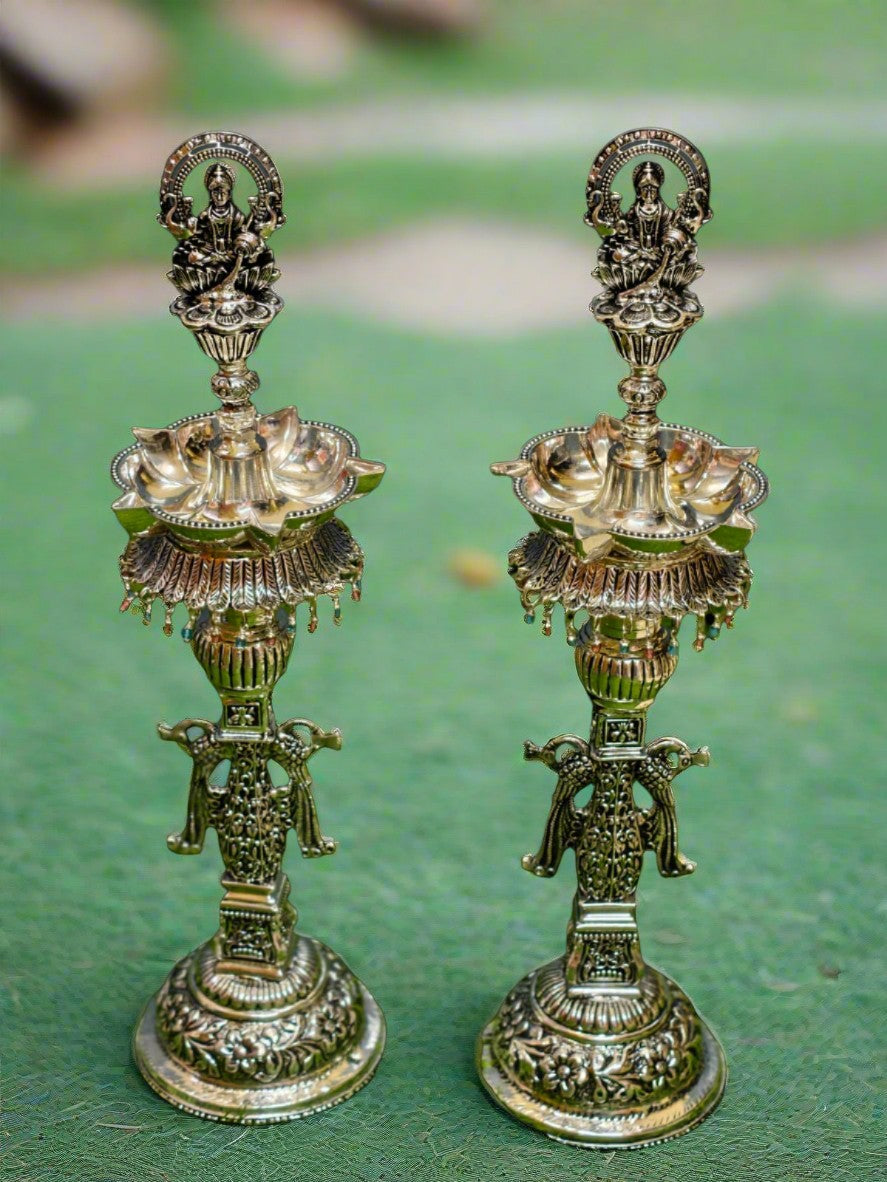 Pure Silver Plated Gaja Lakshmi Diya – Peacock Design