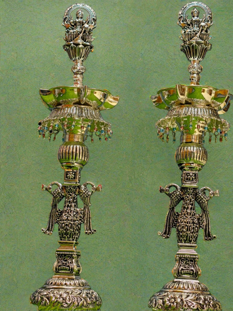Pure Silver Plated Gaja Lakshmi Diya – Peacock Design