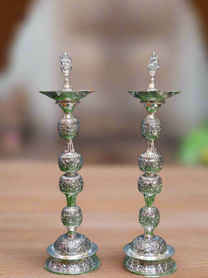 Pure Silver Plated Lakshmi Ganesh Long Diya Set – Sitting on Lotus Design