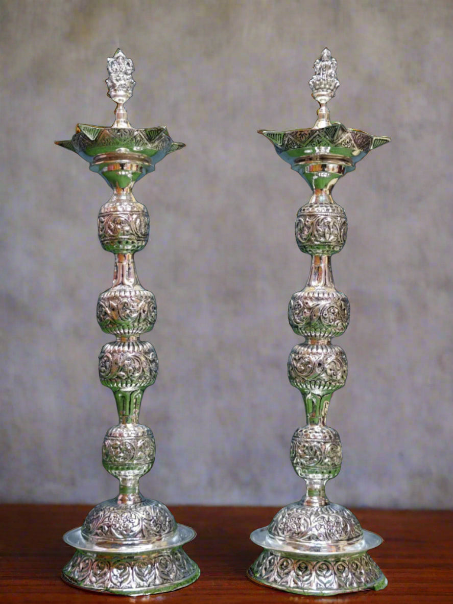 Pure Silver Plated Lakshmi Ganesh Long Diya Set – Sitting on Lotus Design