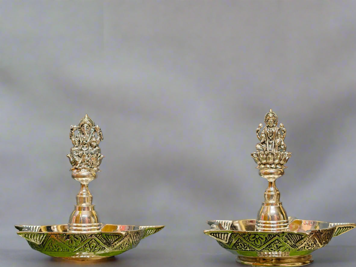 Pure Silver Plated Lakshmi Ganesh Long Diya Set – Sitting on Lotus Design
