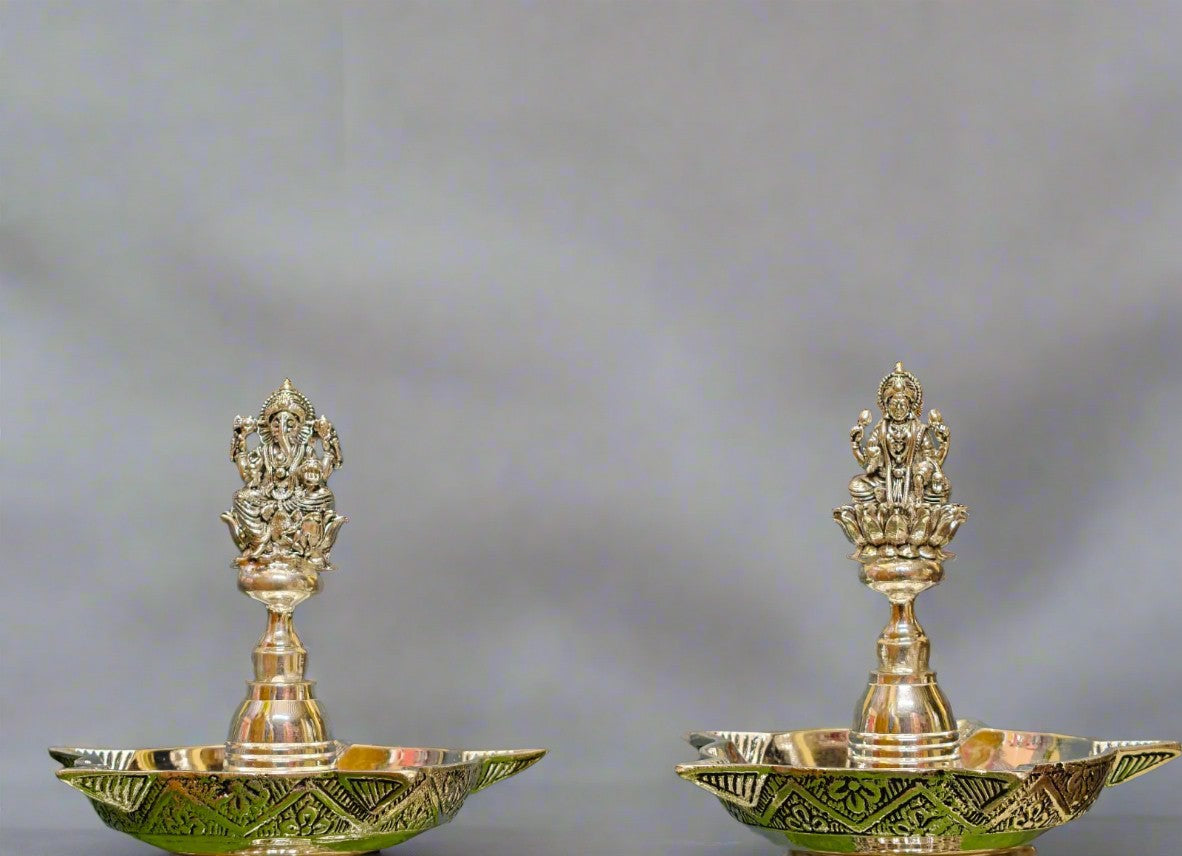 Pure Silver Plated Lakshmi Ganesh Long Diya Set – Sitting on Lotus Design