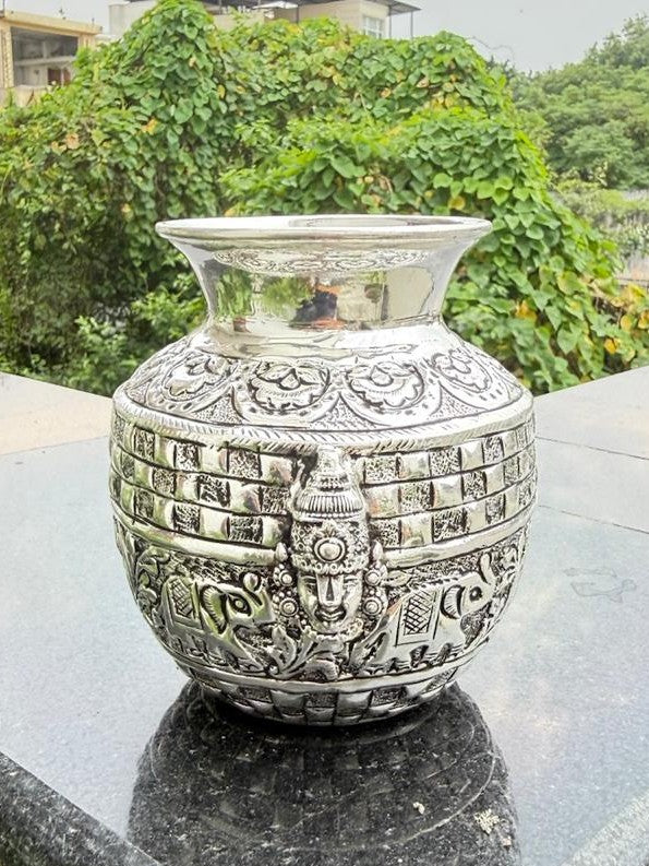 german silver antique finish tirupati balaji kalash for diwali , housewarming pooja, navratri pooja