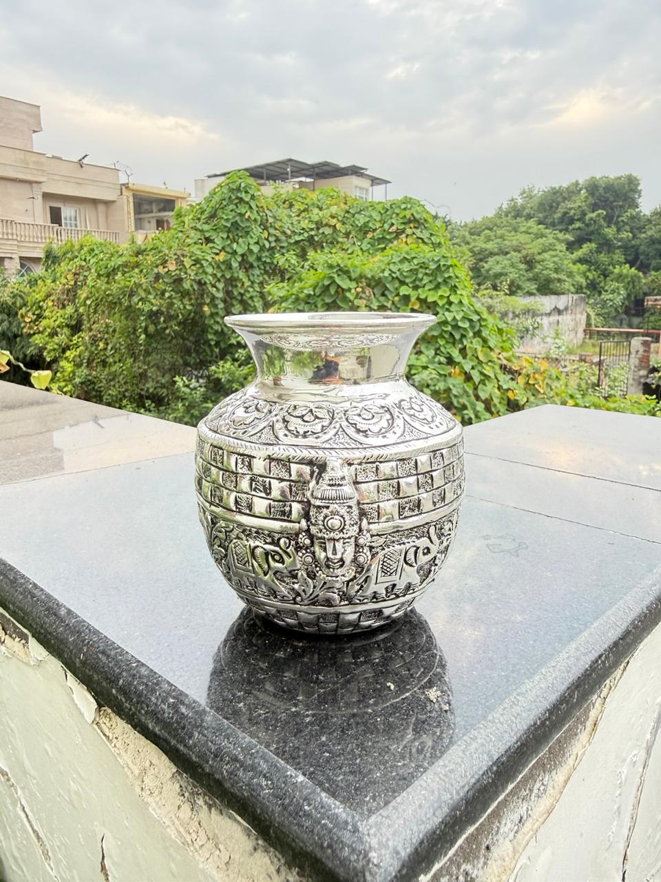 german silver antique finish tirupati balaji kalash for diwali , housewarming pooja, navratri pooja