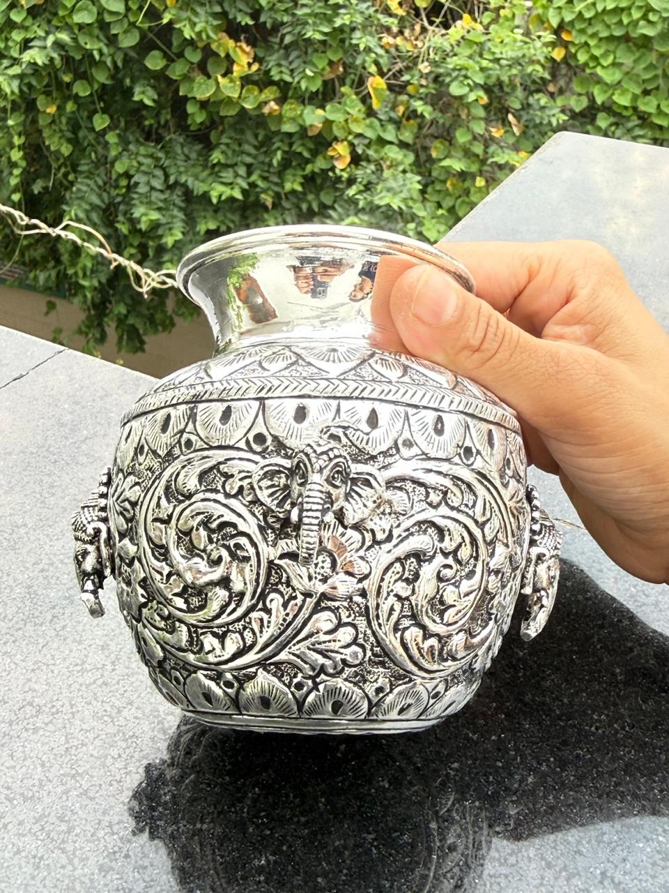 german silver antique finish ganpati with elephant head kalash for diwali , housewarming pooja, navratri pooja
