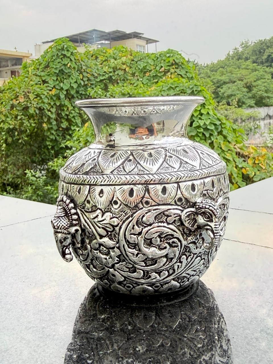 german silver antique finish ganpati with elephant head kalash for diwali , housewarming pooja, navratri pooja