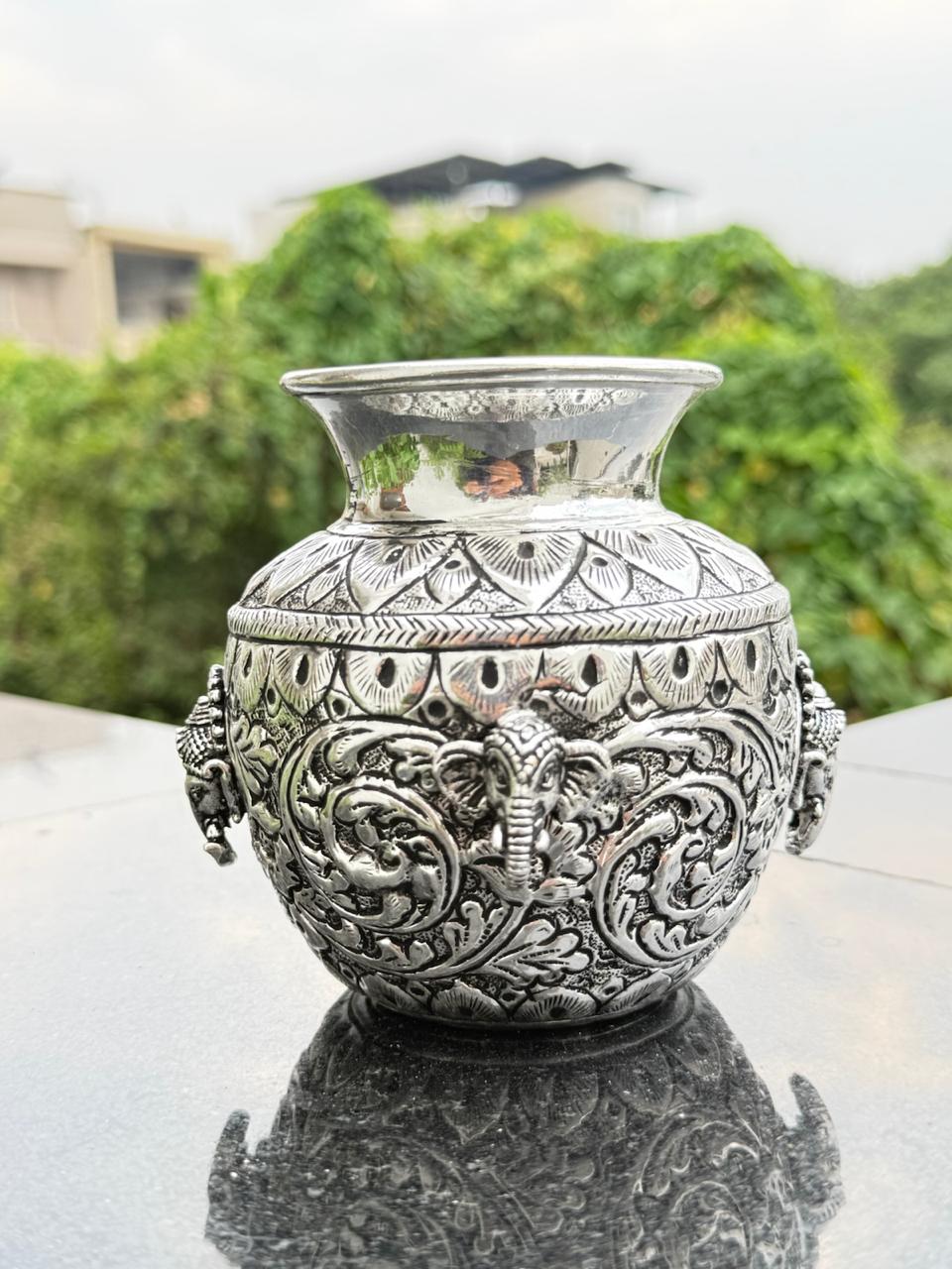 german silver antique finish ganpati with elephant head kalash for diwali , housewarming pooja, navratri pooja