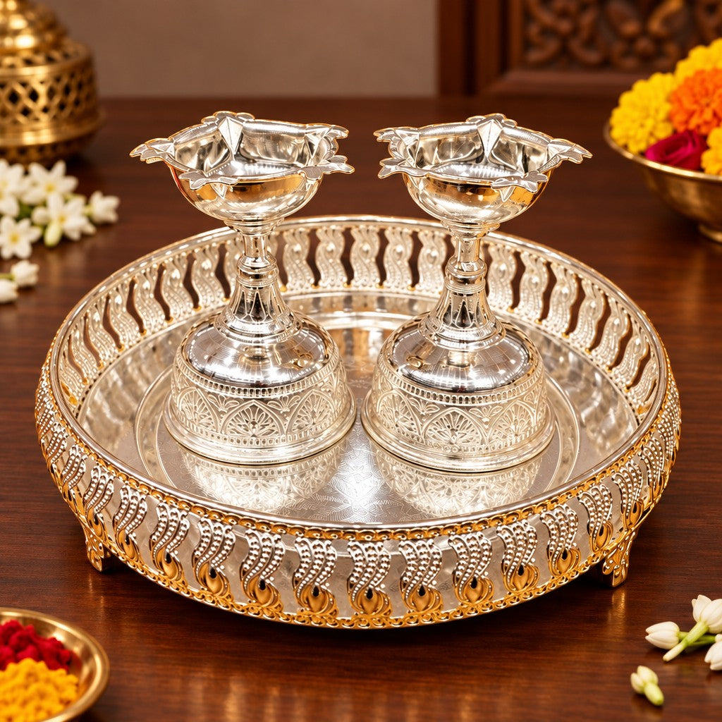 German Silver flower Tray with Diya Pair – Elegant Pooja Décor