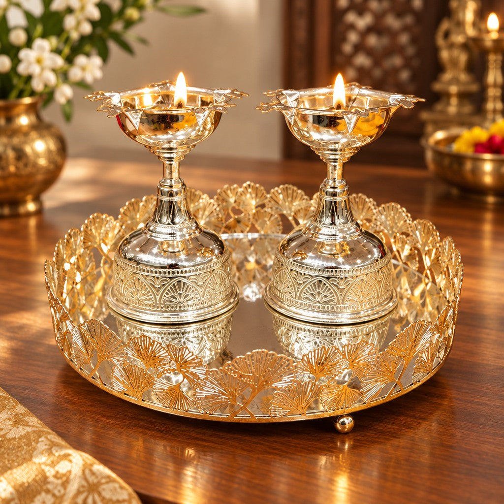 German Silver Tray with Diya Pair – Elegant Pooja Décor