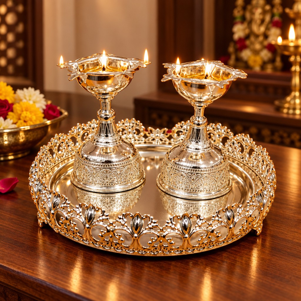 German Silver Tray with Diya Pair – Elegant Pooja Décor, set of 3 pieces