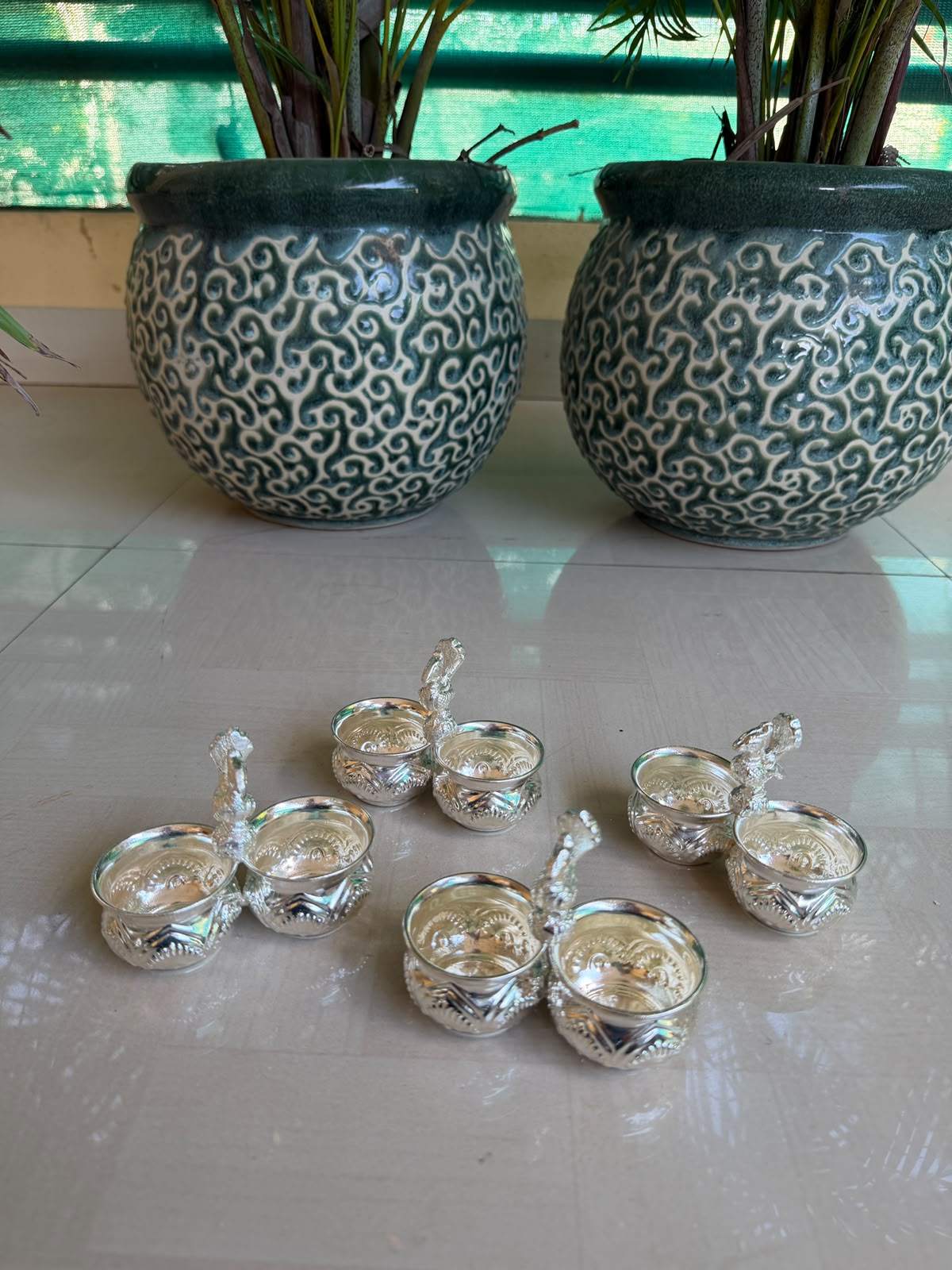 German Silver Kumkum 2 Bowl Set with Peacock – Pooja Accessory