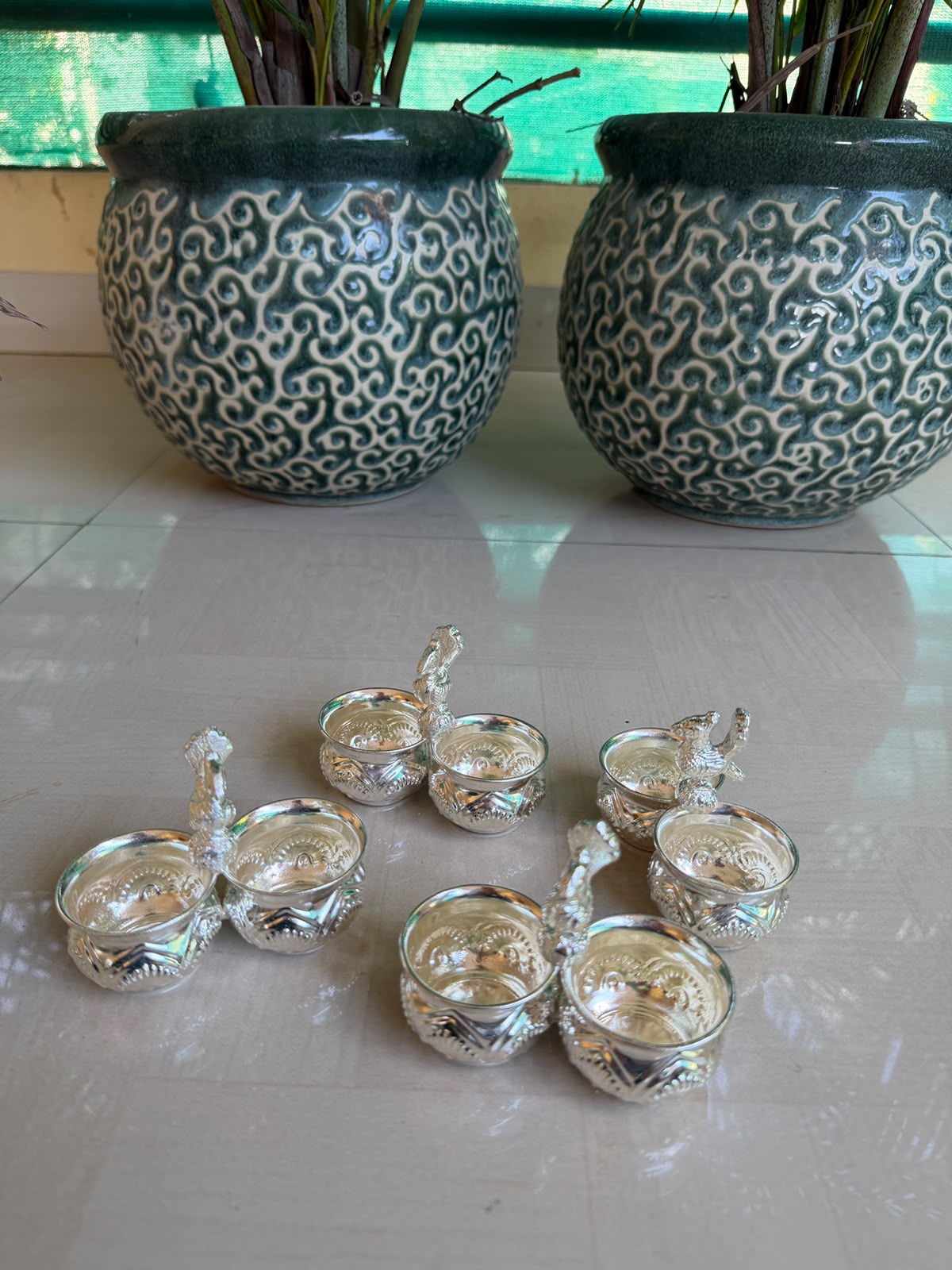German Silver Kumkum 2 Bowl Set with Peacock – Pooja Accessory