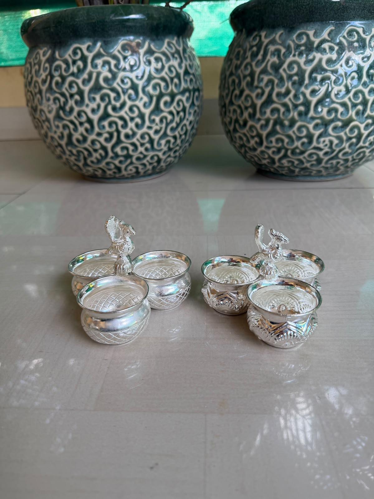 German Silver Kumkum 3 Bowl Set with Peacock – Pooja Accessory