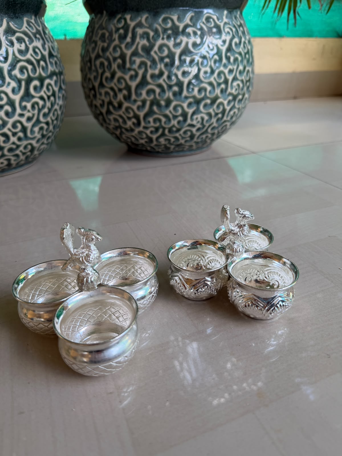 German Silver Kumkum 3 Bowl Set with Peacock – Pooja Accessory