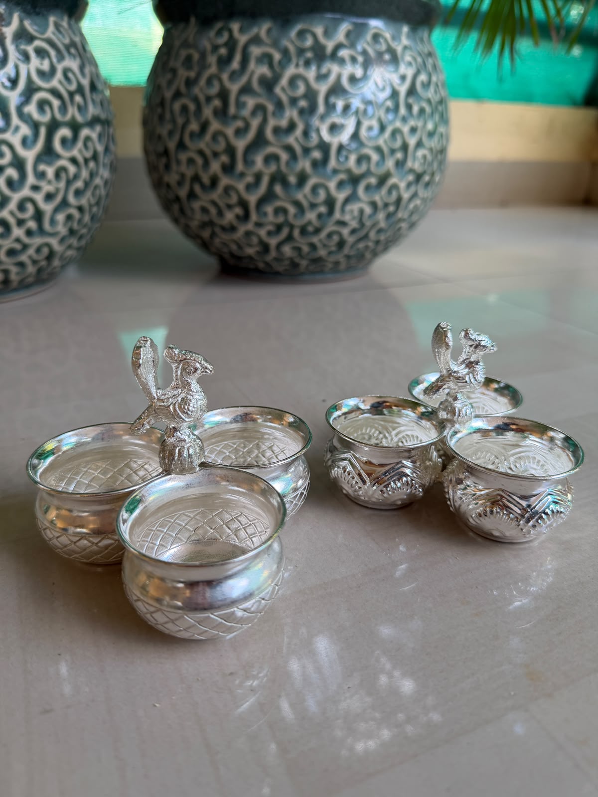 German Silver Kumkum 3 Bowl Set with Peacock – Pooja Accessory