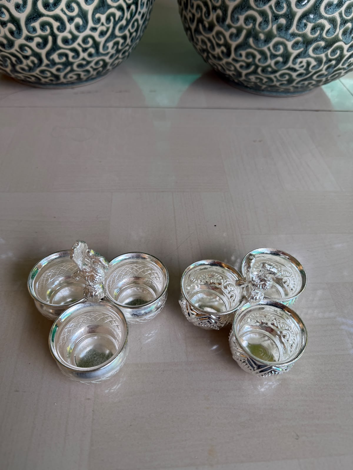 German Silver Kumkum 3 Bowl Set with Peacock – Pooja Accessory