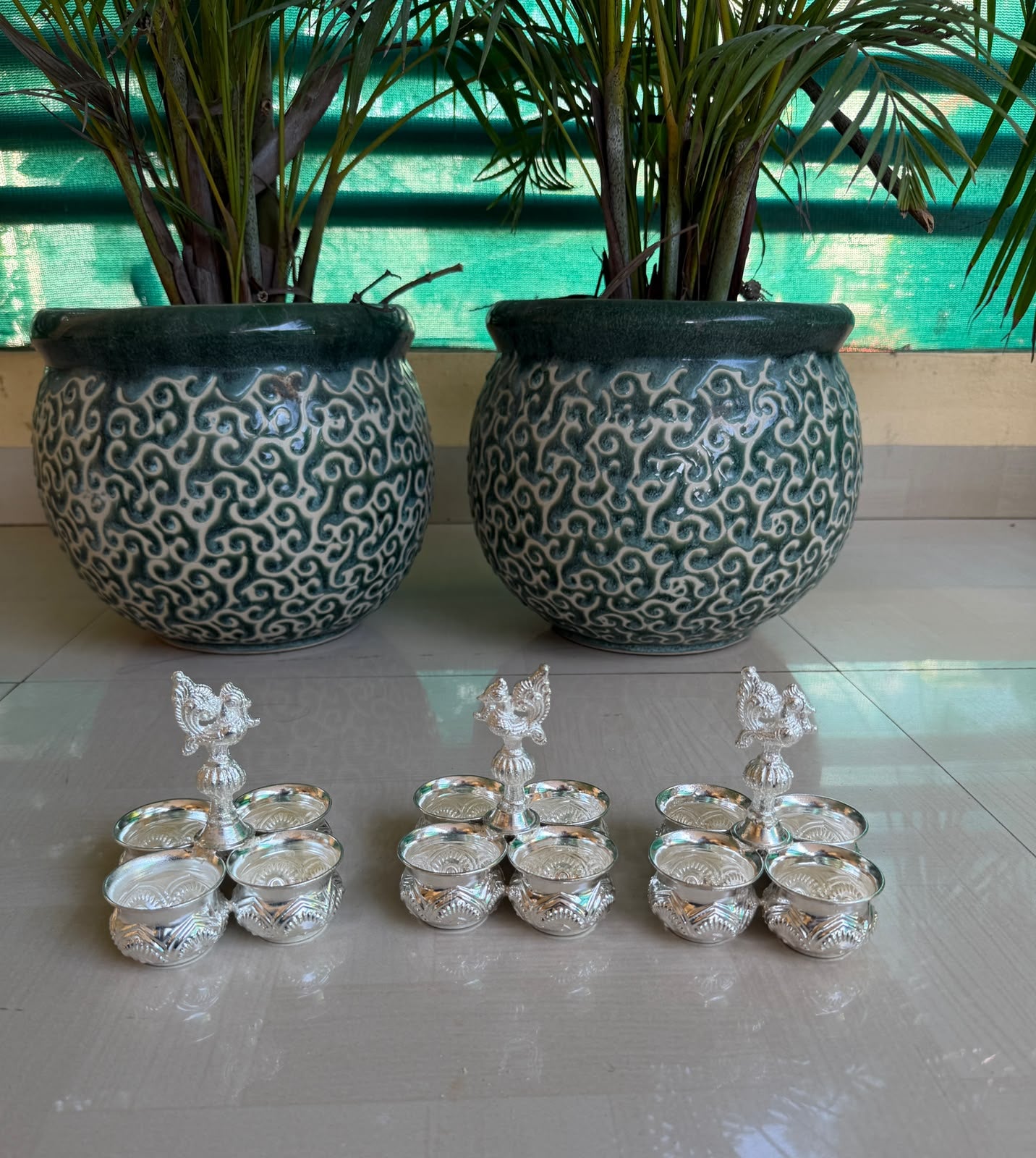 German Silver Kumkum 4 Bowl Set with Peacock – Pooja Accessory