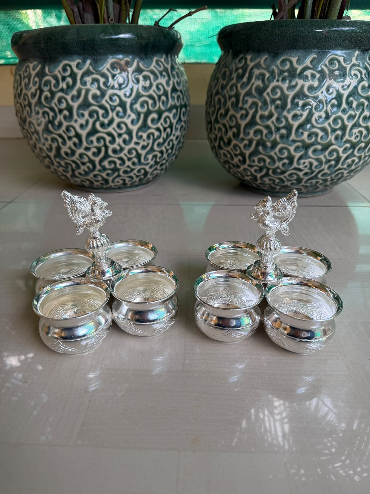 German Silver Kumkum 4 Bowl Set with Peacock – Pooja Accessory