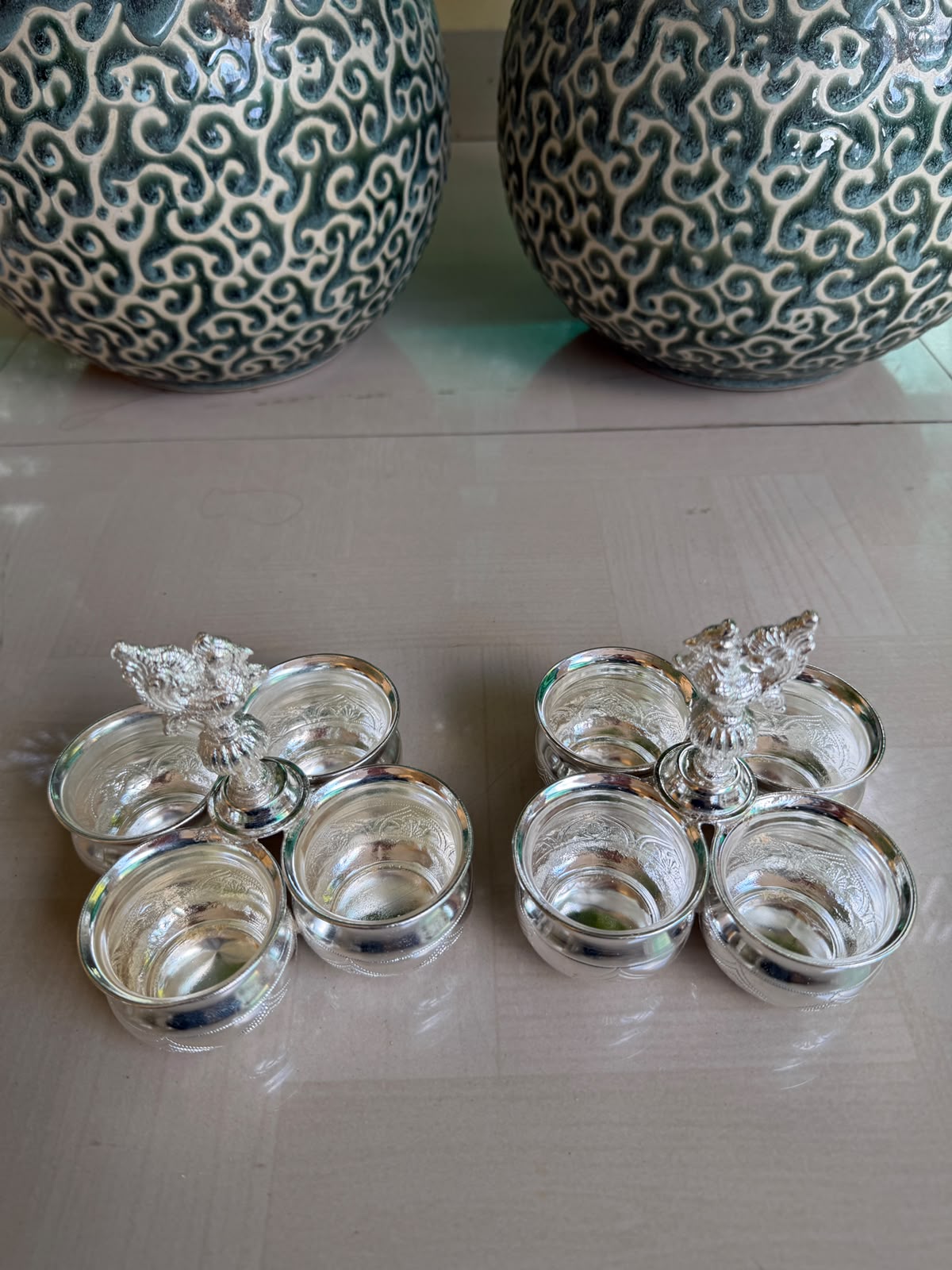 German Silver Kumkum 4 Bowl Set with Peacock – Pooja Accessory