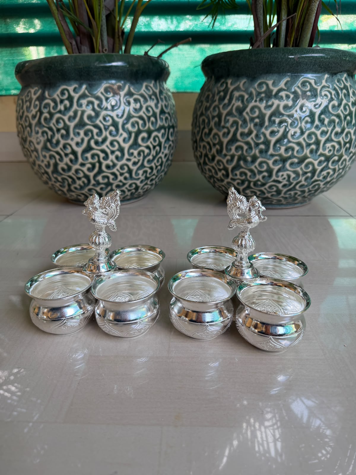 German Silver Kumkum 4 Bowl Set with Peacock – Pooja Accessory