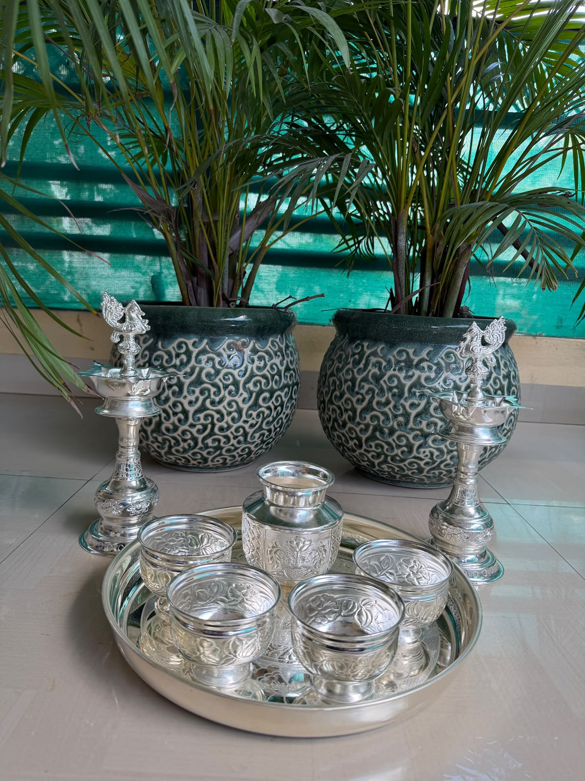 German Silver Pooja Thali Set – 8 Item Diwali & Housewarming Accessory