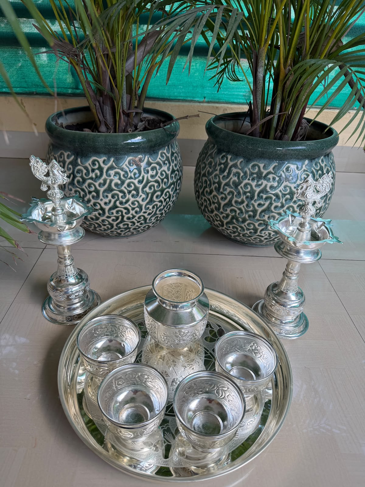 German Silver Pooja Thali Set – 8 Item Diwali & Housewarming Accessory