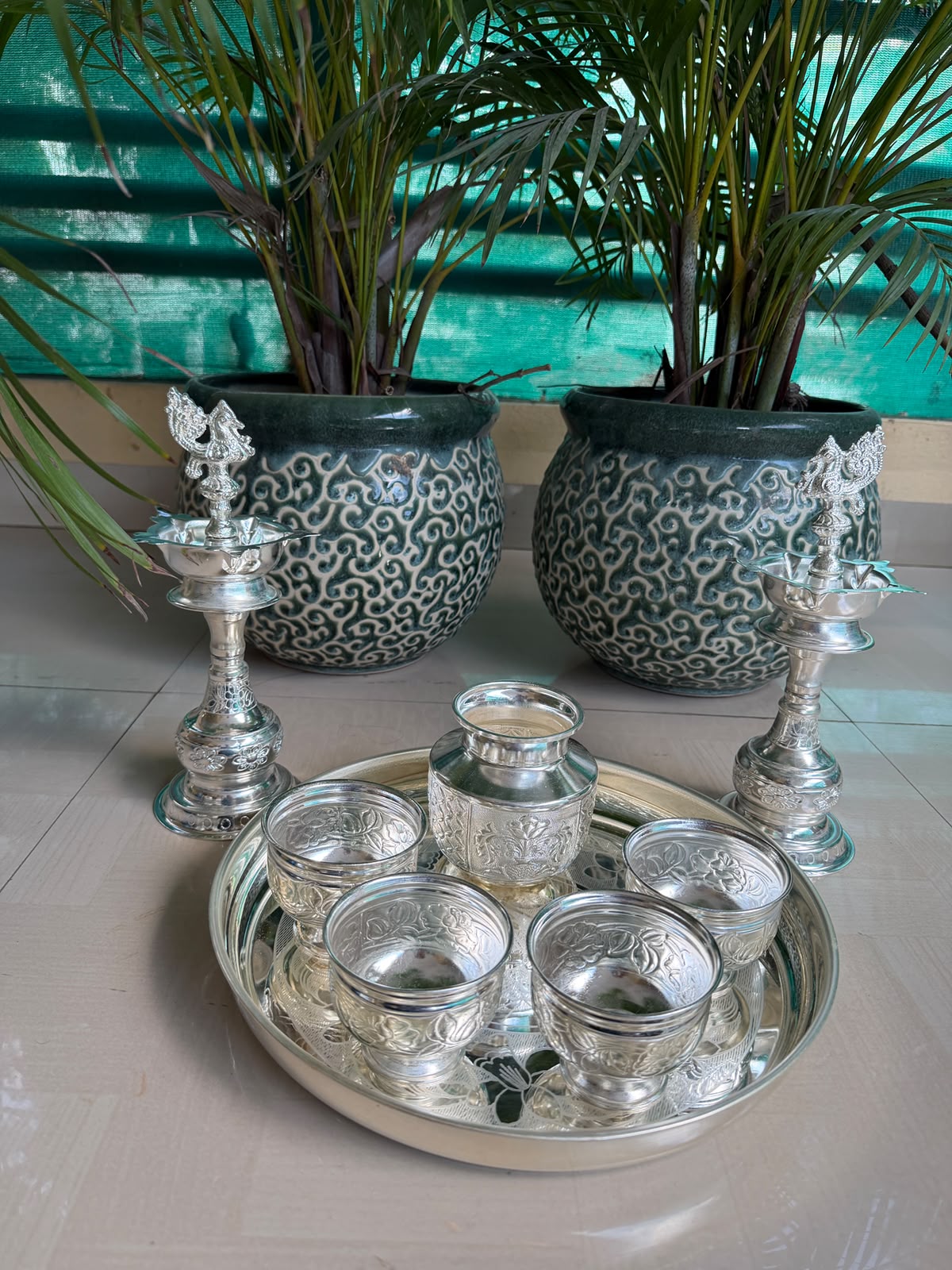 German Silver Pooja Thali Set – 8 Item Diwali & Housewarming Accessory
