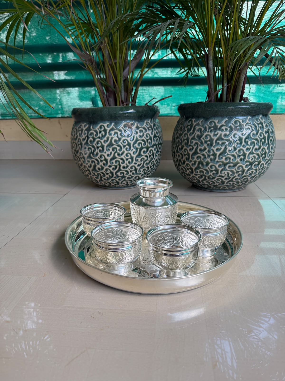 German Silver Pooja Thali Set – 8 Item Diwali & Housewarming Accessory
